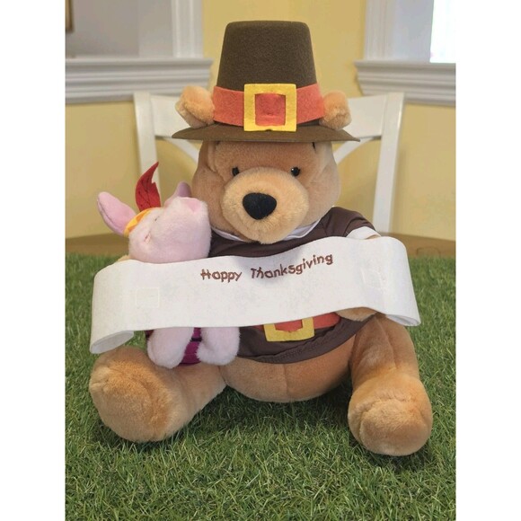Disney Other - Vtg Disney Winnie the Pooh Pilgrim & Piglet Indian Thanksgiving Plush 13" W/Sign